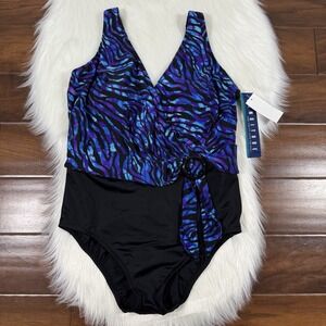 Longitude Women's Size 16 Painted Safari Belted Surplice‎ One Piece Swimsuit